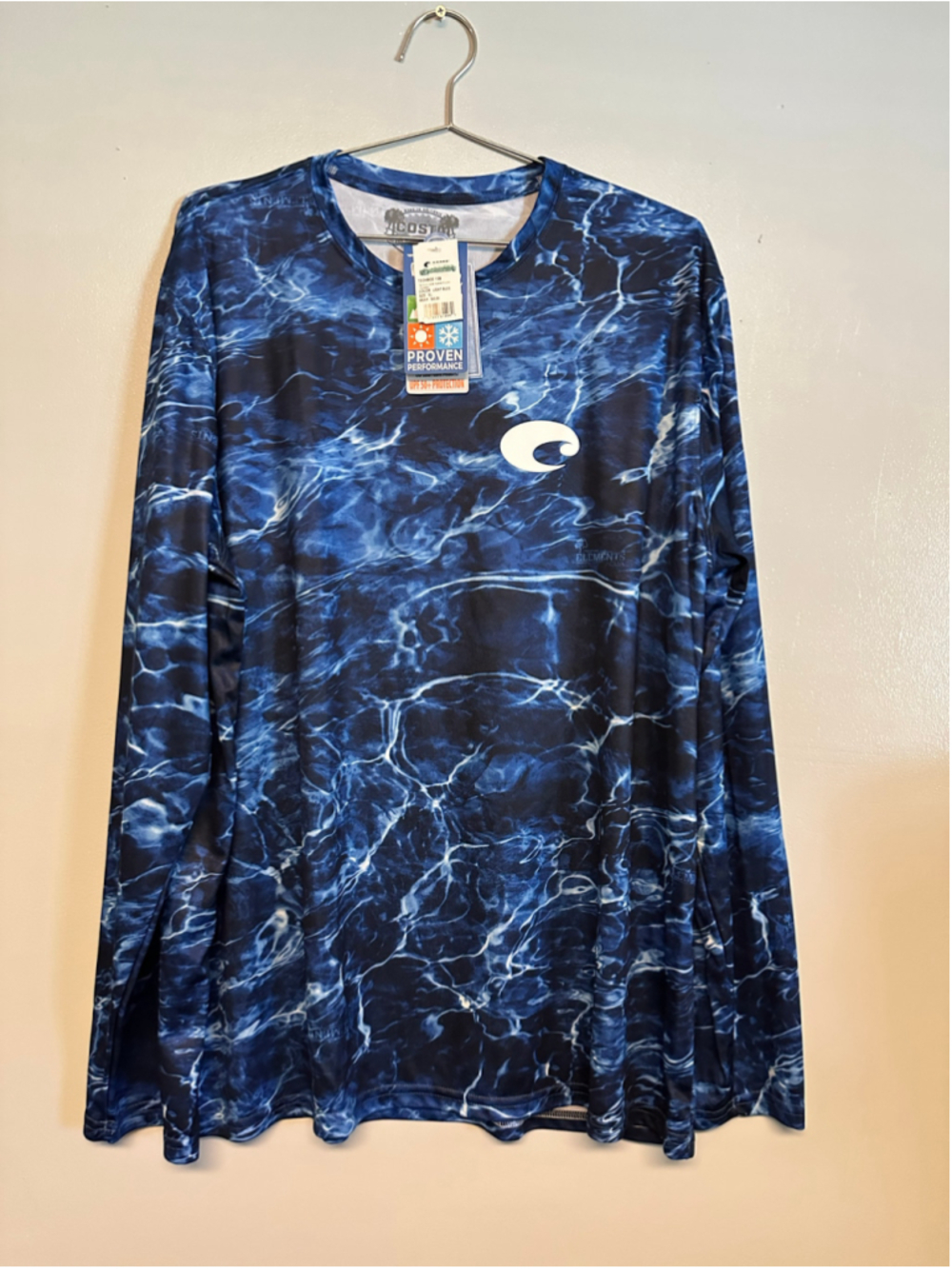 NEW Costa Long Sleeve Performance Tee, XL, Blue and White Sun Repellent Shirt